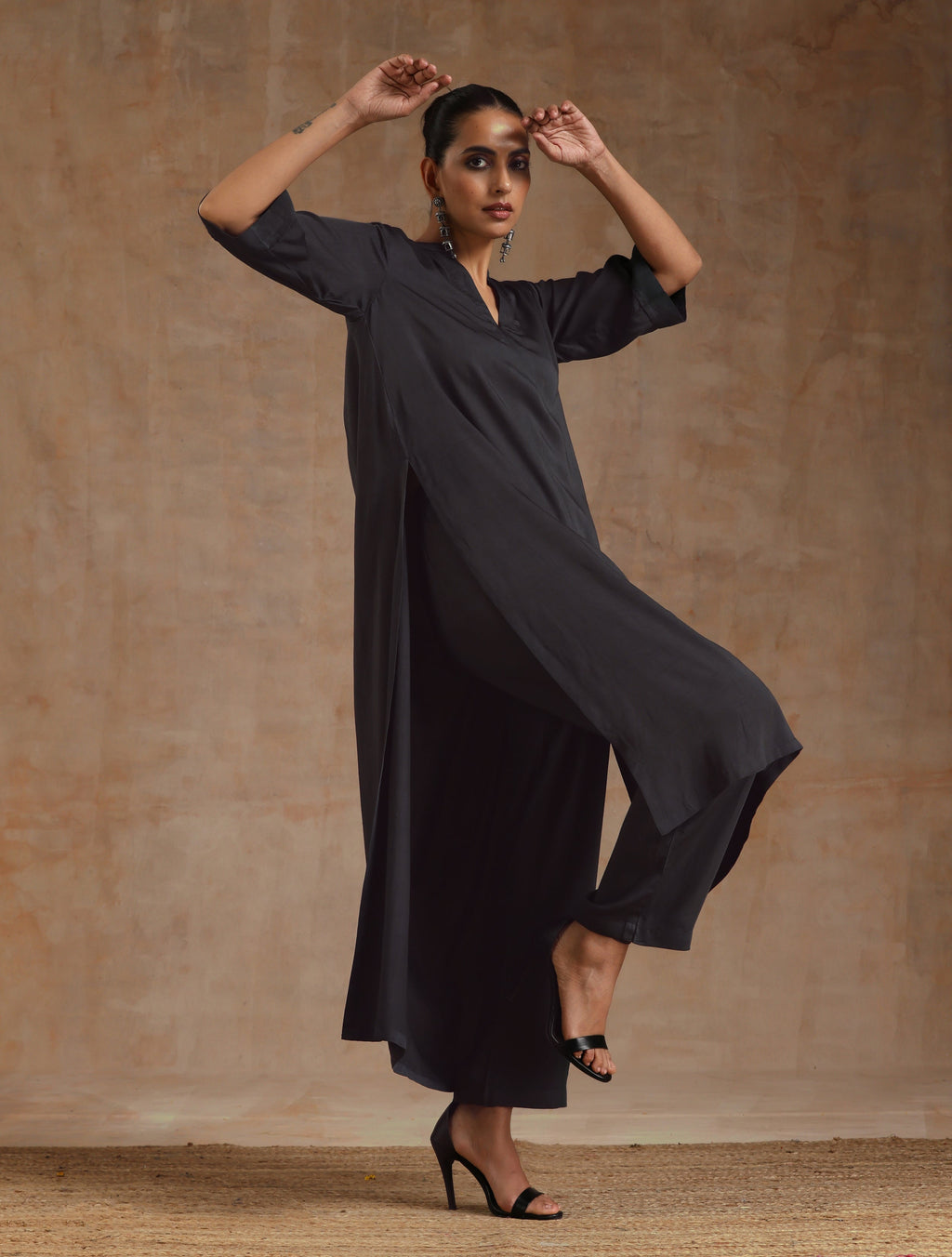 trueBrowns Grey Modal Satin High-Low Relax Kurta Set | Relove | Grocsy