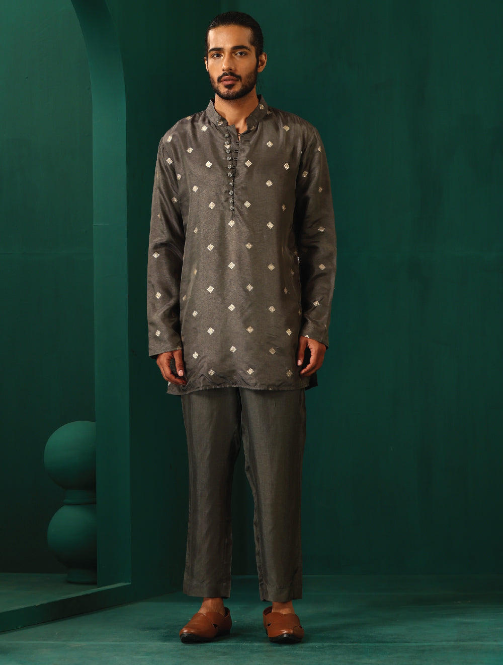 trueBrowns Men's Grey Diamond Viscose Silk Co-ord Set | Grocsy