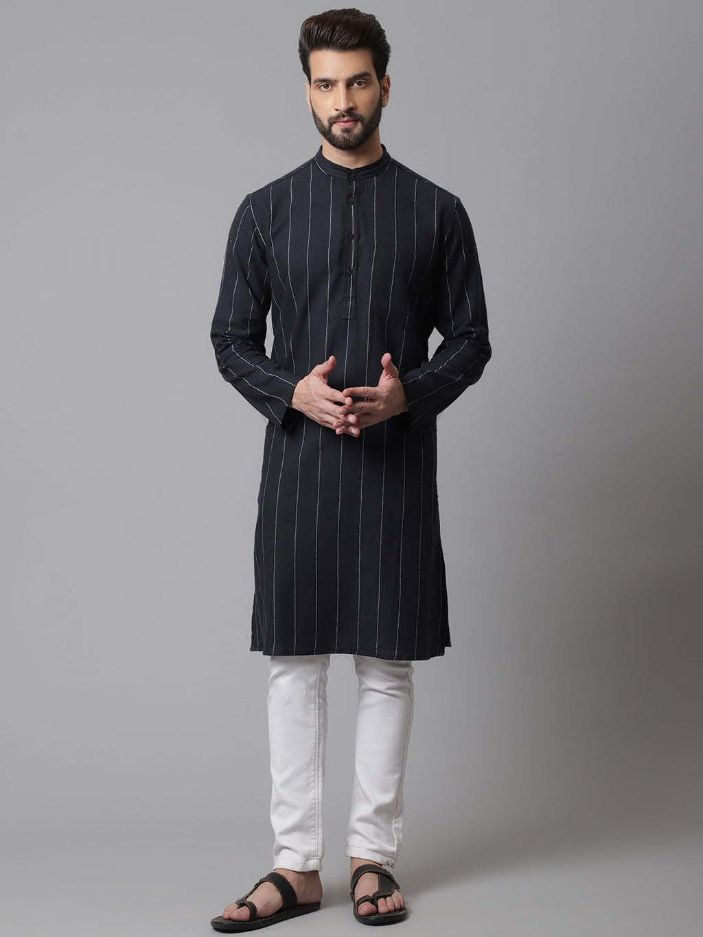 Even Apparels Black Pure Cotton Kurta With Band Collar | Grocsy
