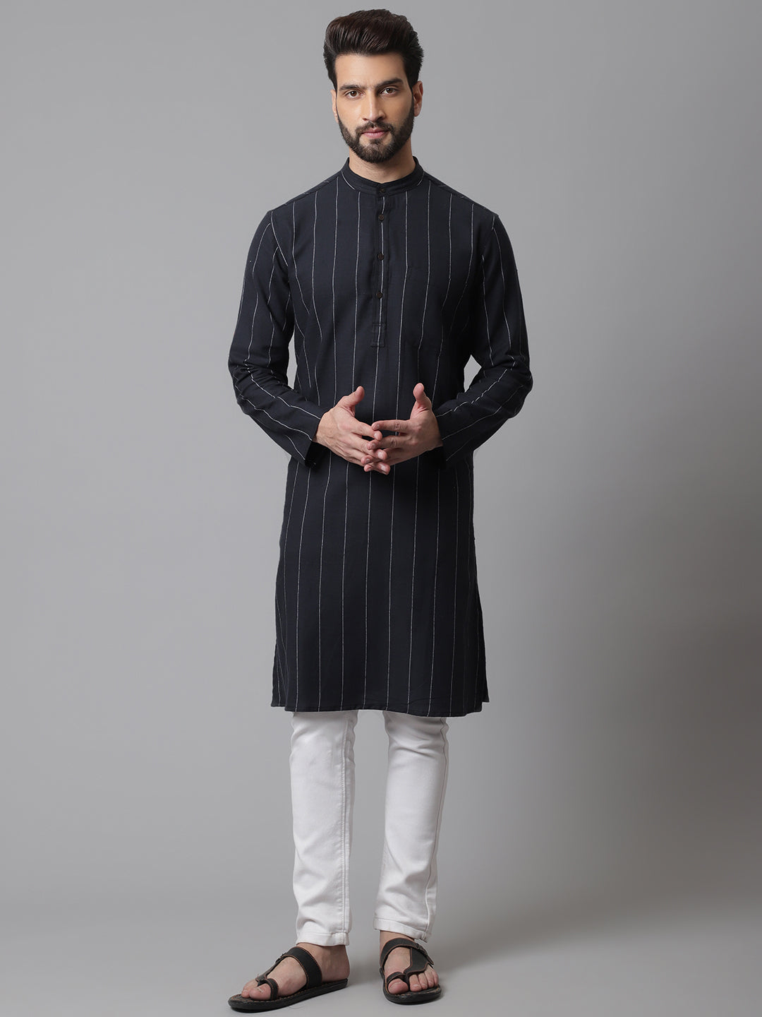 Even Apparels Black Pure Cotton Kurta With Band Collar | Grocsy
