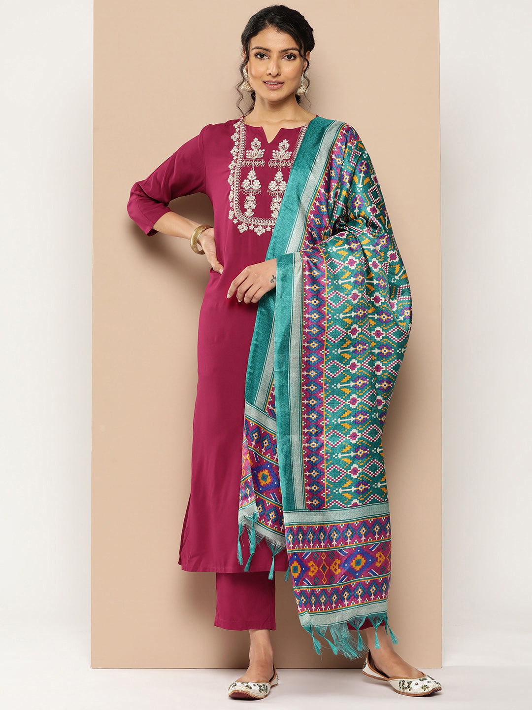 KSUT (House of Varanga) Magenta Kurta With Dori And Zari Embroidered Yoke Paired With Organza Dupatta And Straight Trouser | Grocsy