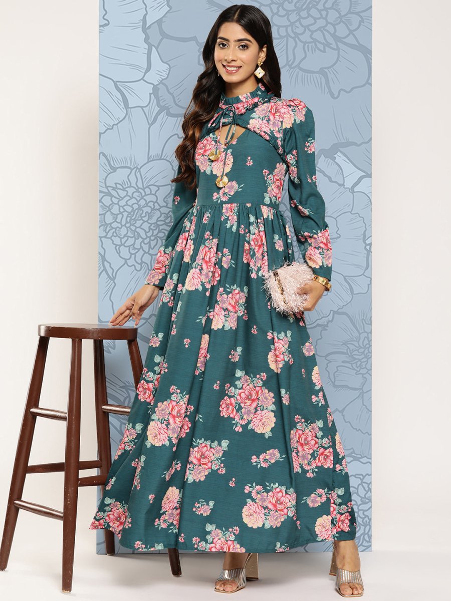 Ahalyaa Floral Print Puff Sleeves Tie-Up Neck Crepe Ethnic Gown With Cut-Out Detail | Grocsy