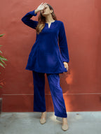 trueBrowns Blue Solid Velvet Co-Ord Set | Grocsy