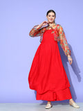 InWeave Women's Red Strappy Set With Green Floral Short Organza Cape | Grocsy