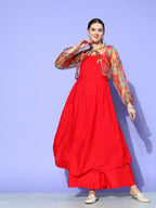 InWeave Women's Red Strappy Set With Green Floral Short Organza Cape | Grocsy