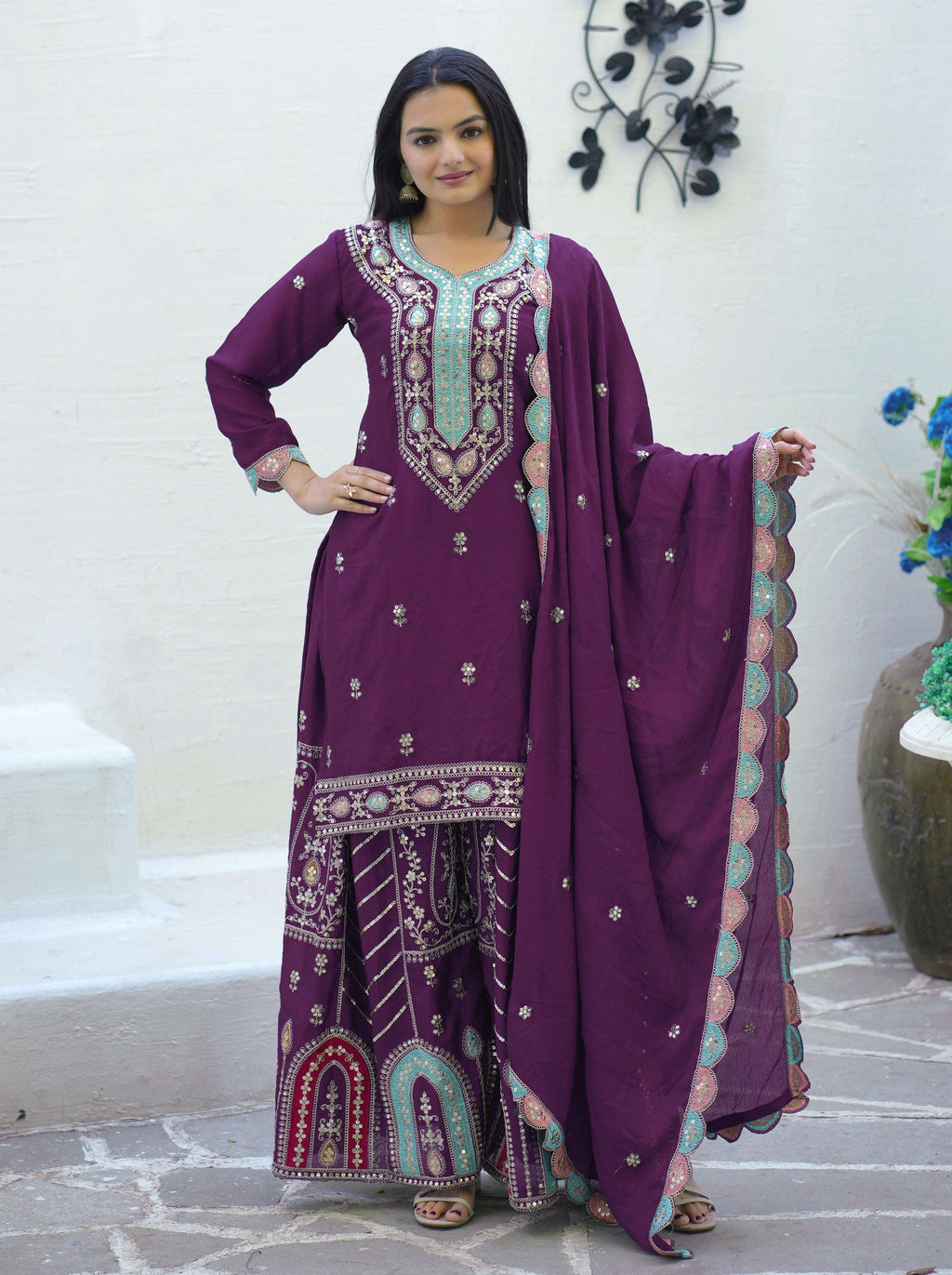 Yash Enterprise Embroidered Chinon With Sequin Maroon Readymade Salwar Suit | Grocsy
