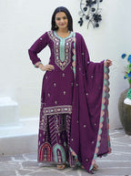 Yash Enterprise Embroidered Chinon With Sequin Maroon Readymade Salwar Suit | Grocsy