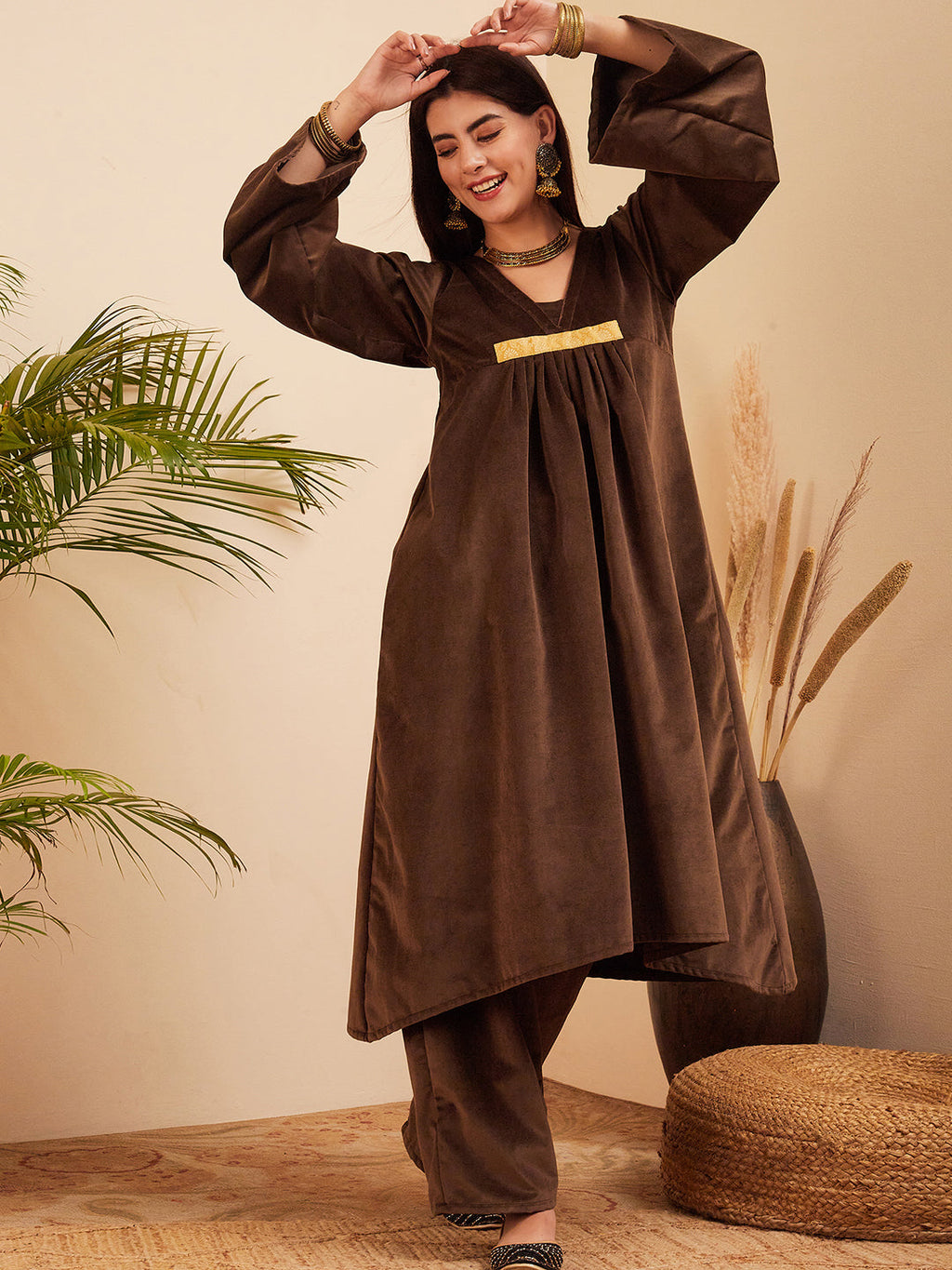 InWeave Women's Brown V Neck Asymmetrical Pleated Velvet Kurta Set | Grocsy
