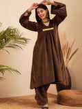 InWeave Women's Brown V Neck Asymmetrical Pleated Velvet Kurta Set | Grocsy