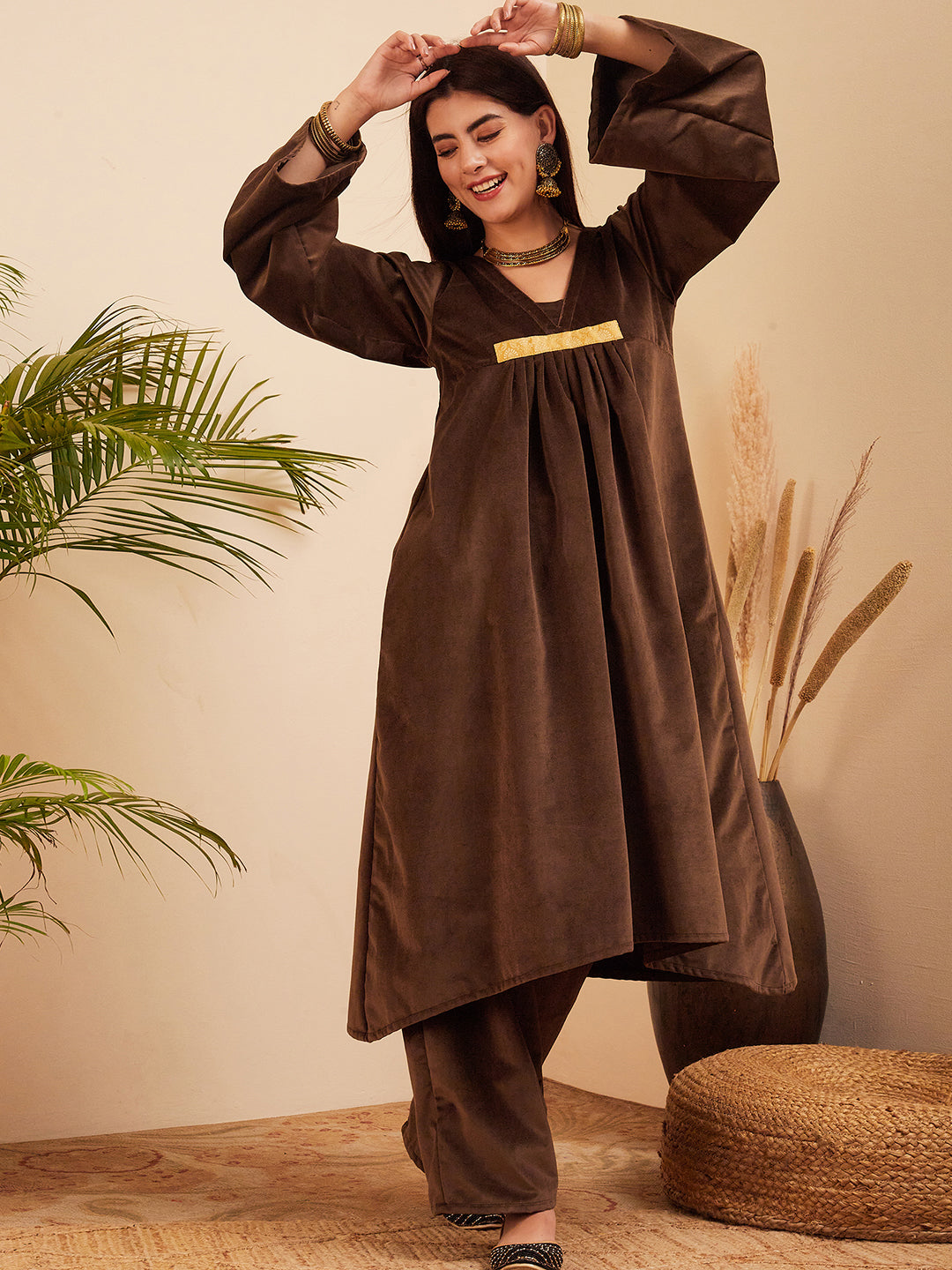 InWeave Women's Brown V Neck Asymmetrical Pleated Velvet Kurta Set | Grocsy