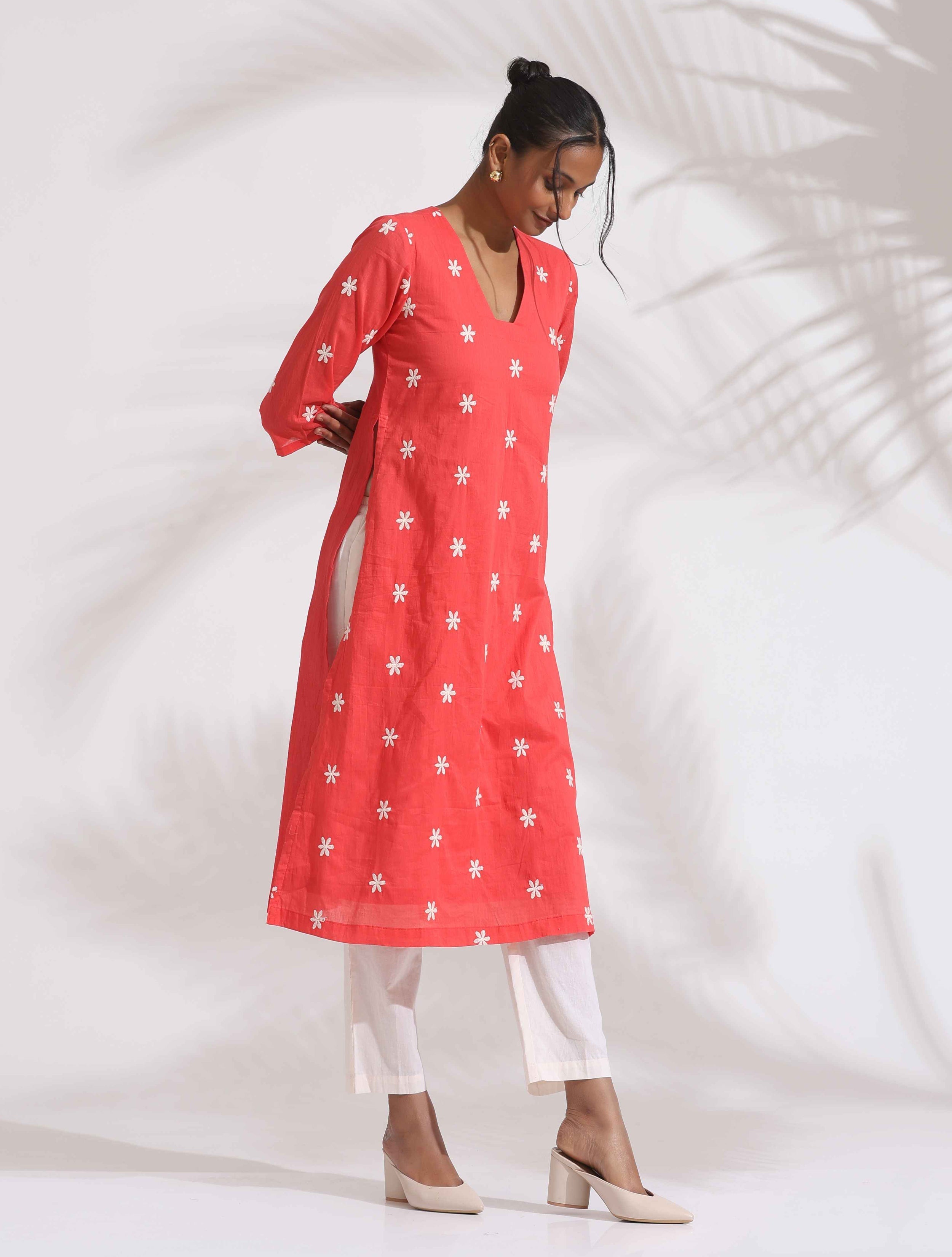 trueBrowns Orange Cotton Floral Embroidered Kurta Set | Grocsy