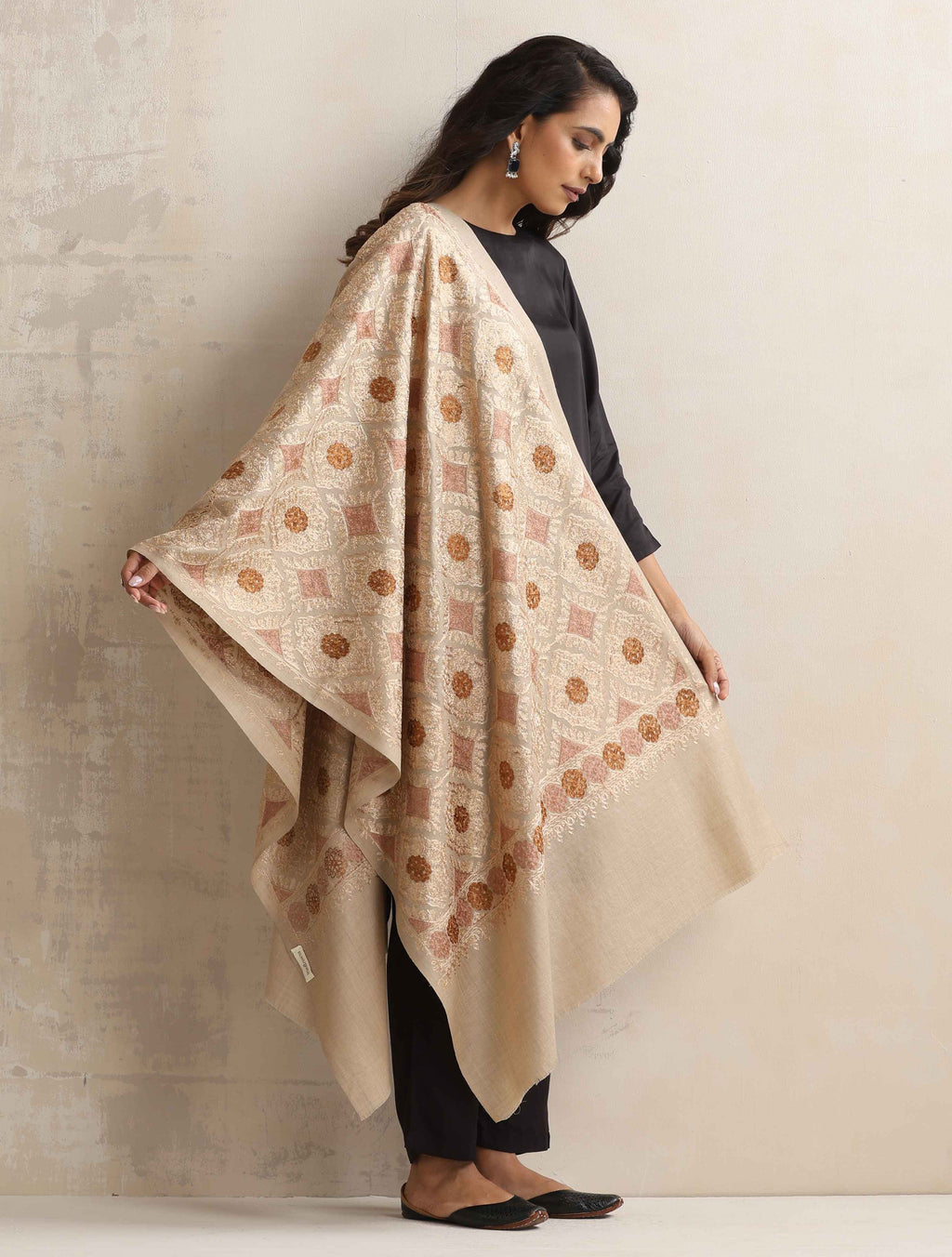 trueBrowns Beige Geometric Embroidered Woollen Stole | Grocsy