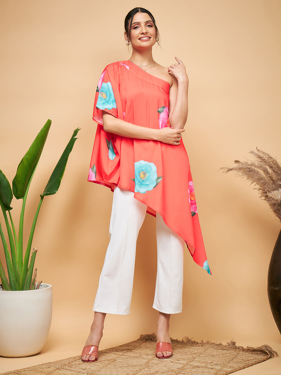 InWeave Women's Dark Orange Pink Blue Flower One Shoulder Kurta | Grocsy