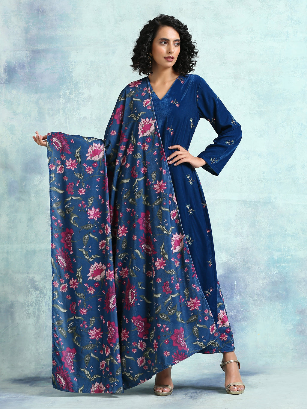trueBrowns Blue Printed Velvet Shawl | Grocsy