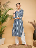 InWeave Women's White Navy Stripe Print Gota Straight Kurta Pant Set | Grocsy