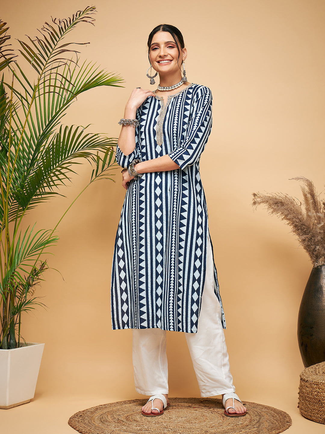 InWeave Women's White Navy Stripe Print Gota Straight Kurta Pant Set | Grocsy