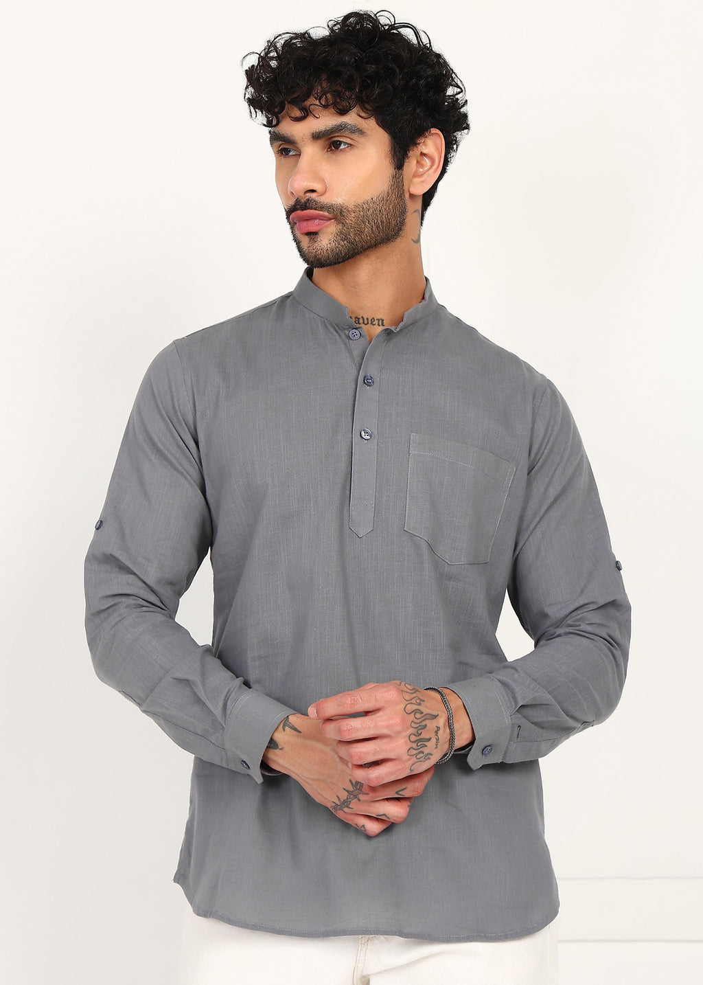 Fabmade Ash Grey Linen Short Kurta | Grocsy