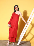 InWeave Women's Red Mirror Work One Shoulder Kurta Set | Grocsy