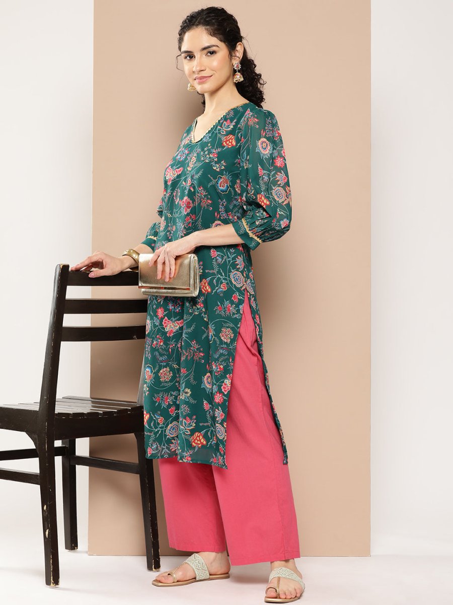 Ahalyaa Women Floral Printed Gotta Patti Floral Georgette Kurta | Grocsy