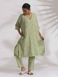 trueBrowns Green Cotton Floral Embroidered Kurta Co-ord Set | Grocsy