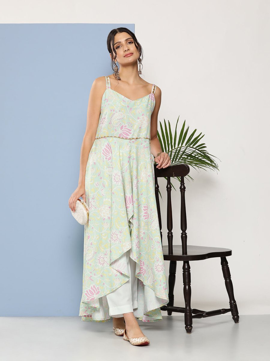 Ahalyaa Women Sea Green Floral Printed Empire Gotta Patti Kurta with Trousers | Grocsy