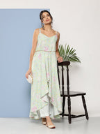 Ahalyaa Women Sea Green Floral Printed Empire Gotta Patti Kurta with Trousers | Grocsy