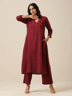 trueBrowns Ruby Wine Slub Texture Back Pleat Kurta Pant Set | Grocsy
