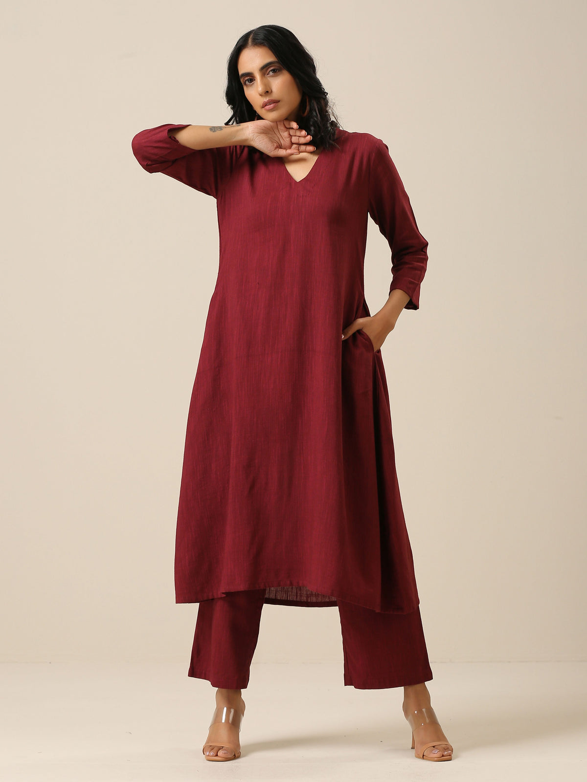 trueBrowns Ruby Wine Slub Texture Back Pleat Kurta Pant Set | Grocsy