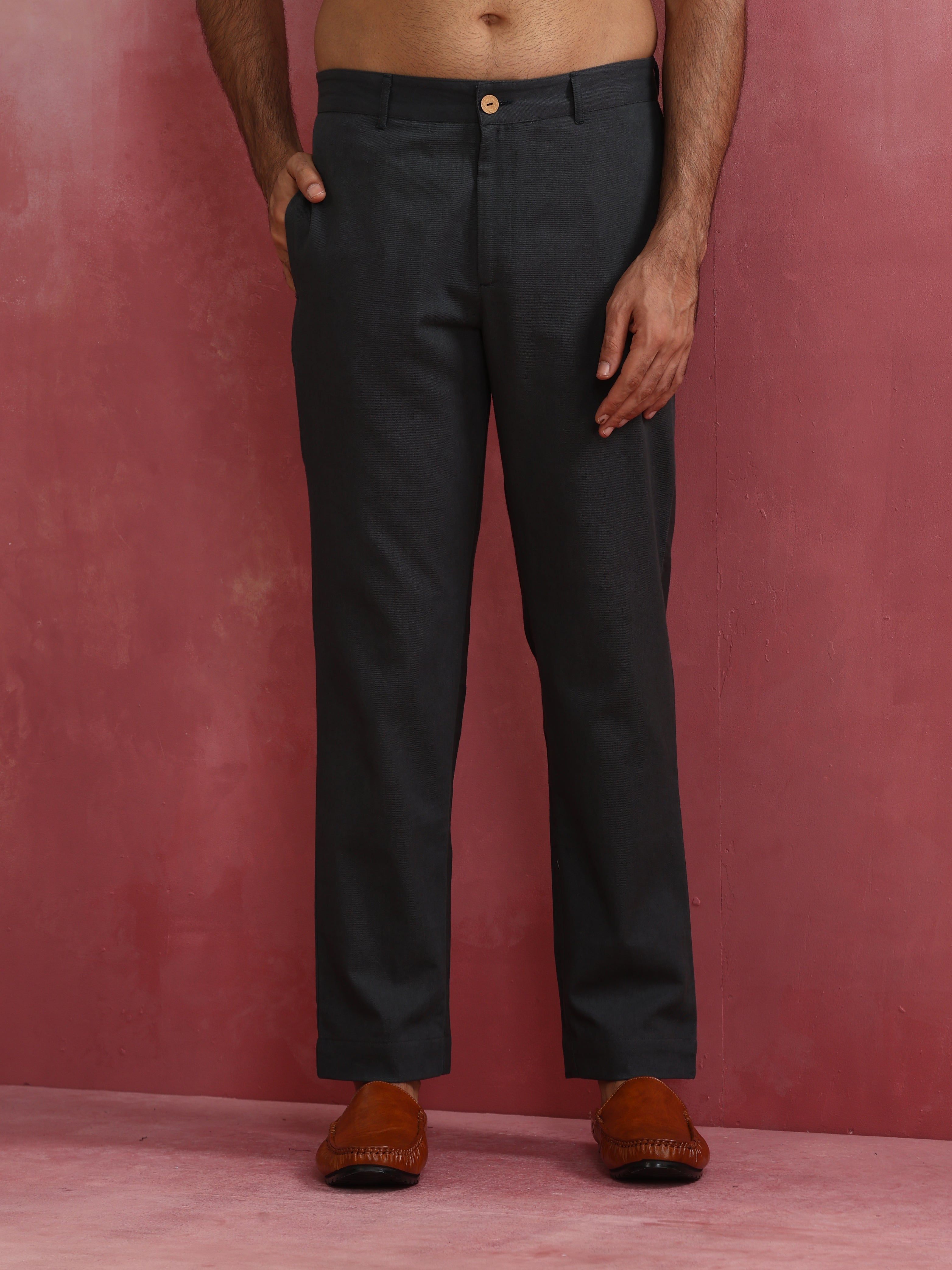 trueBrowns Men's Charcoal grey Cotton Twill Pants | Grocsy