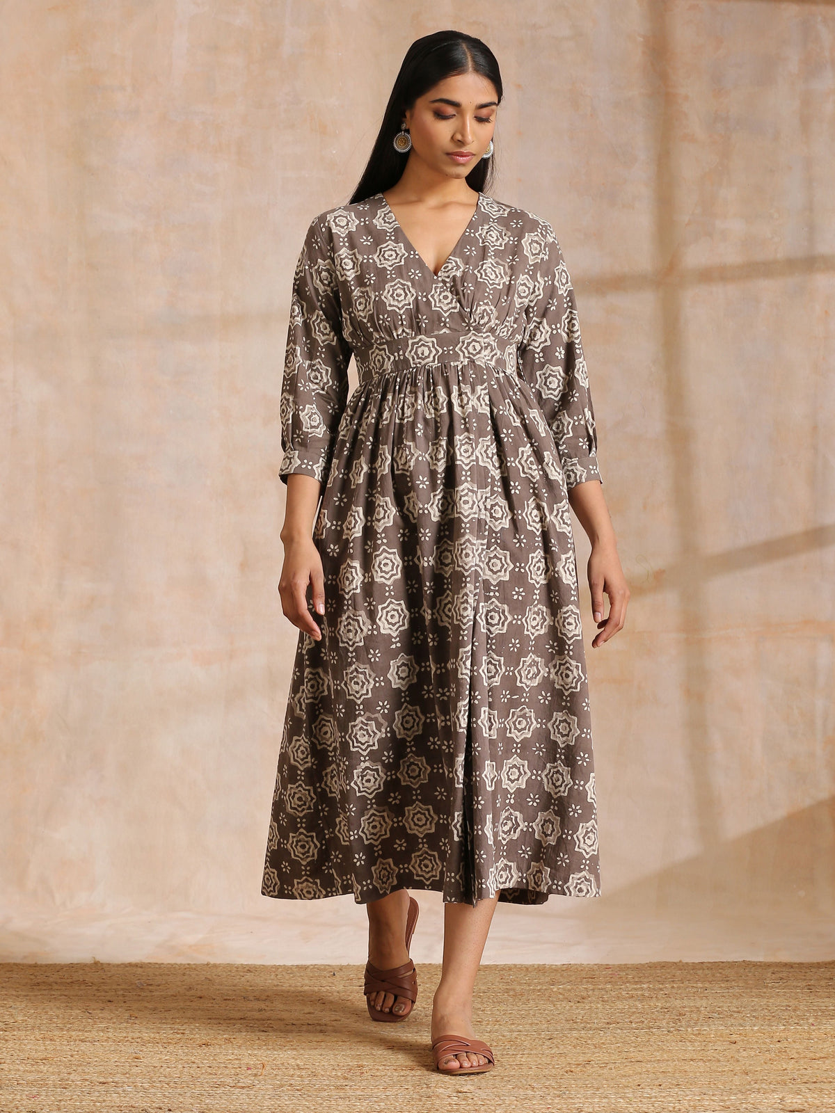 trueBrowns Clay Dabu Overall Print Cotton Wrap Dress | Grocsy