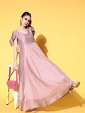 Ahalyaa Chanderi Cold-Shoulders Printed Maxi Ethnic Dress | Grocsy