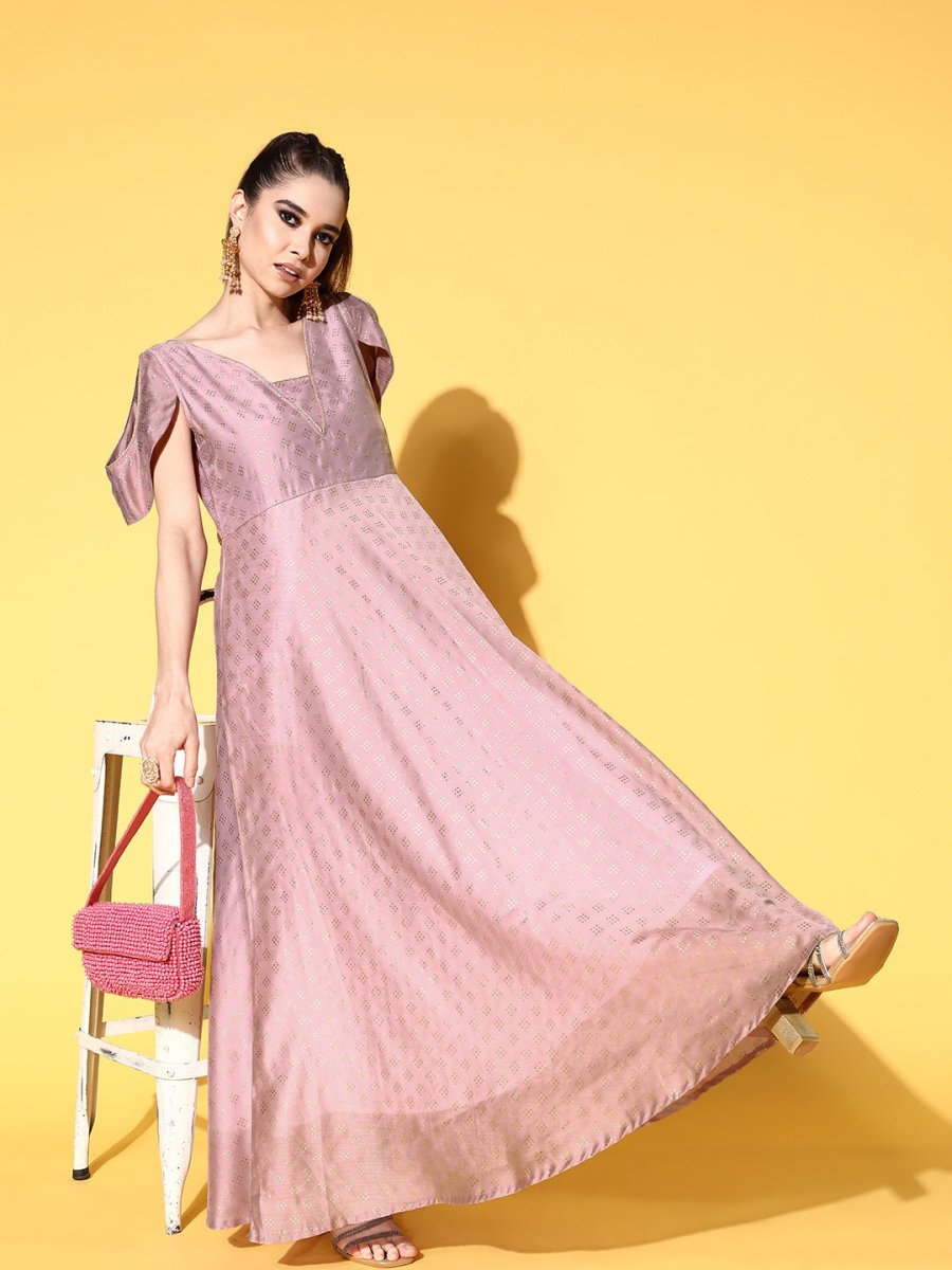 Ahalyaa Chanderi Cold-Shoulders Printed Maxi Ethnic Dress | Grocsy