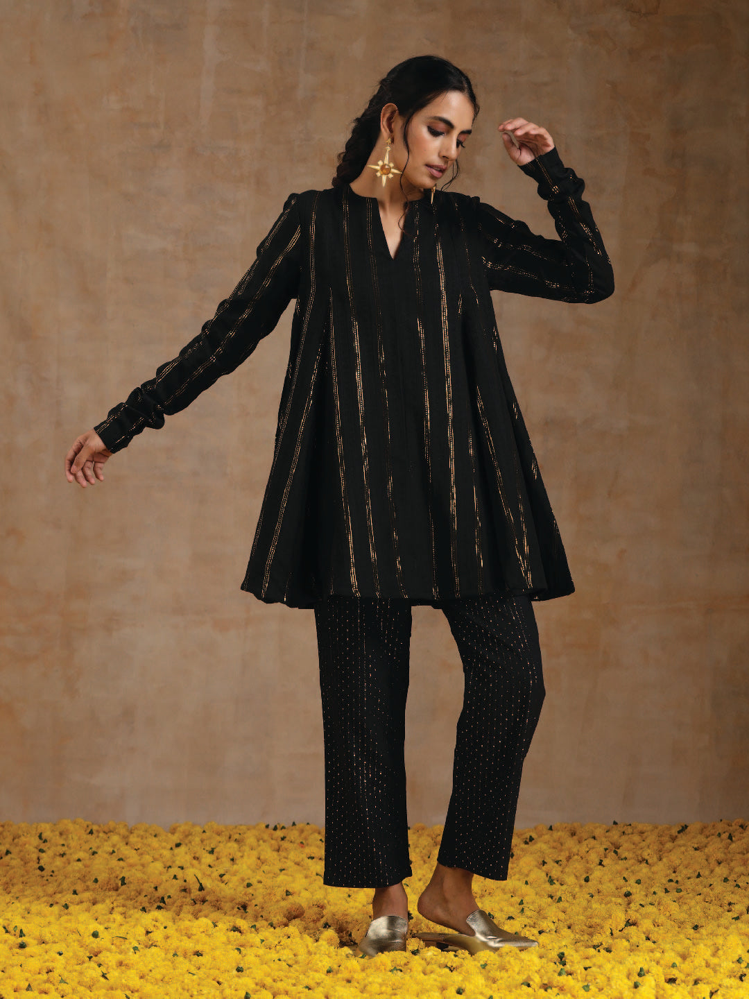 trueBrowns Black Gold Cotton Flared Co-Ord Set | Grocsy