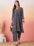InWeave Navy Maroon Ajrakh Foil V Neck Kurta Pant Set | Grocsy
