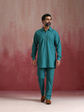 trueBrowns Men's Teal Cotton Shirt Collar Stylized Kurta Co-ord set | Grocsy