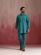 trueBrowns Men's Teal Cotton Shirt Collar Stylized Kurta Co-ord set | Grocsy