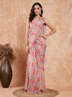 InWeave Women's Pastel Mauve Hibiscus Floral Skirt Saree | Grocsy