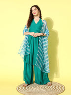 InWeave Women's Teal Lace Work Backless Kurta Sharara Set With Lehariya Dupatta | Grocsy