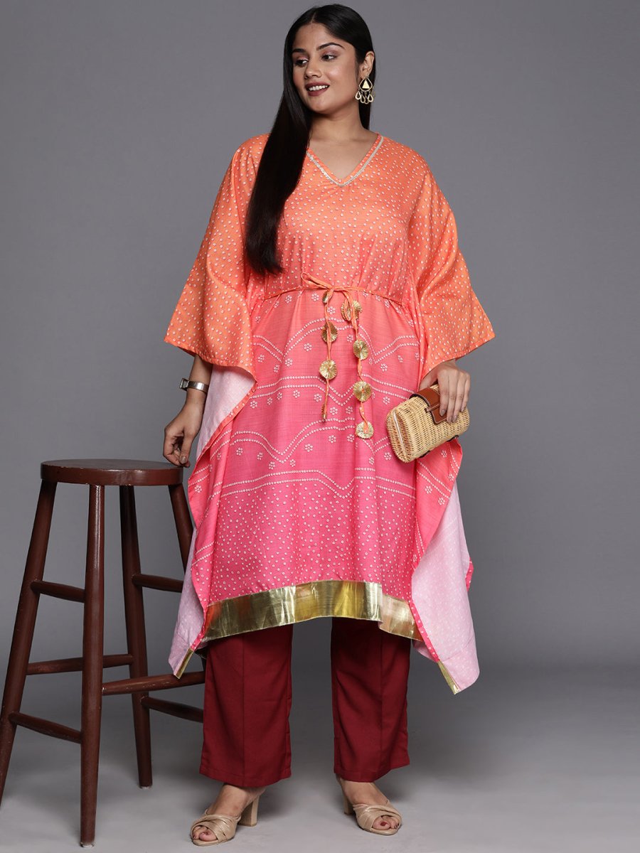 Ahalyaa Plus Size Bandhani Printed Flared Sleeves Gotta Patti Kaftan Kurta | Grocsy