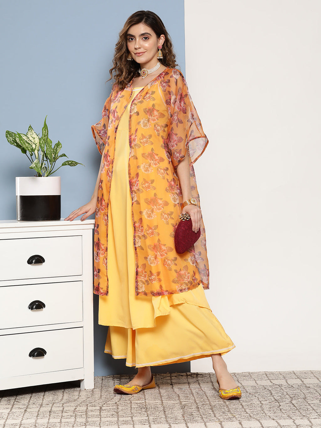 InWeave Women's Cassatta Yellow Cr Strappy Set With Mustard Brown Cape | Grocsy