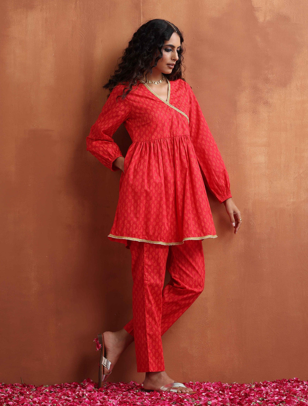 trueBrowns Red Print Angrakha Co-ord Set | Grocsy