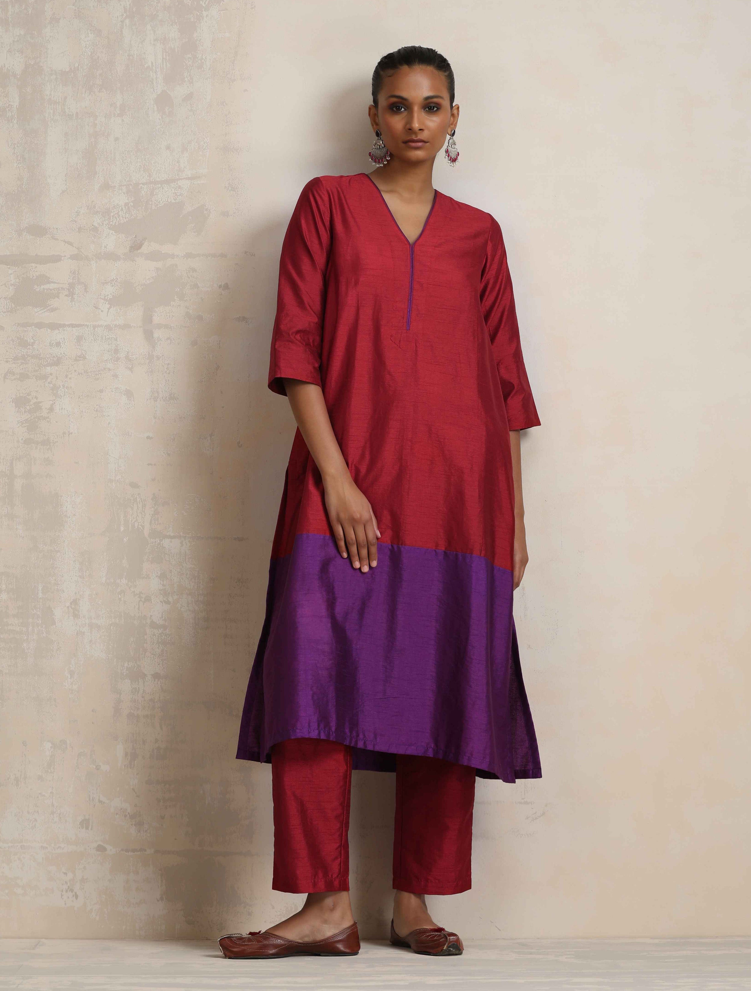 trueBrowns Red Silk Kurta Set | Grocsy