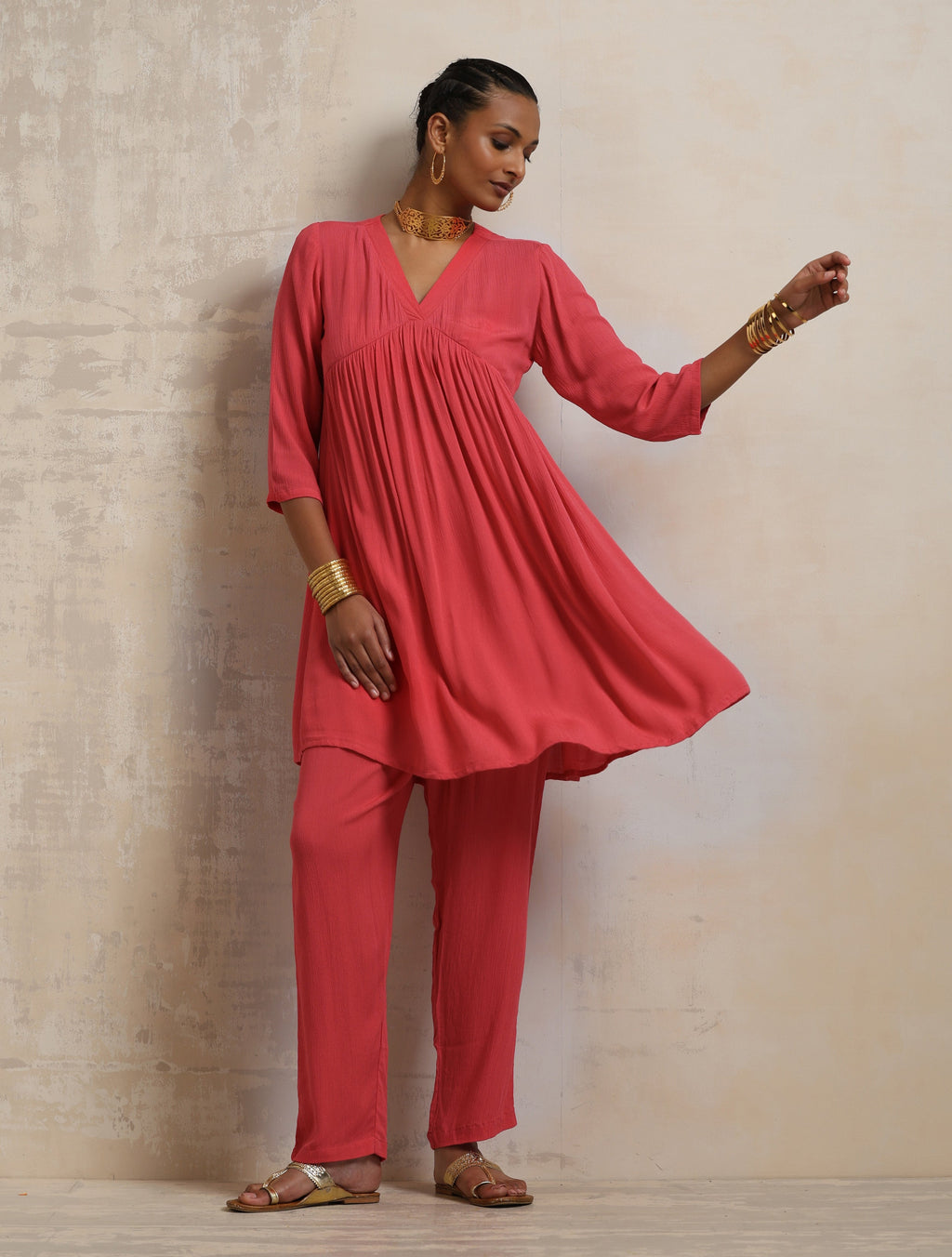 trueBrowns Peach Crinkle Flared Kurta Co-ord Set | Grocsy