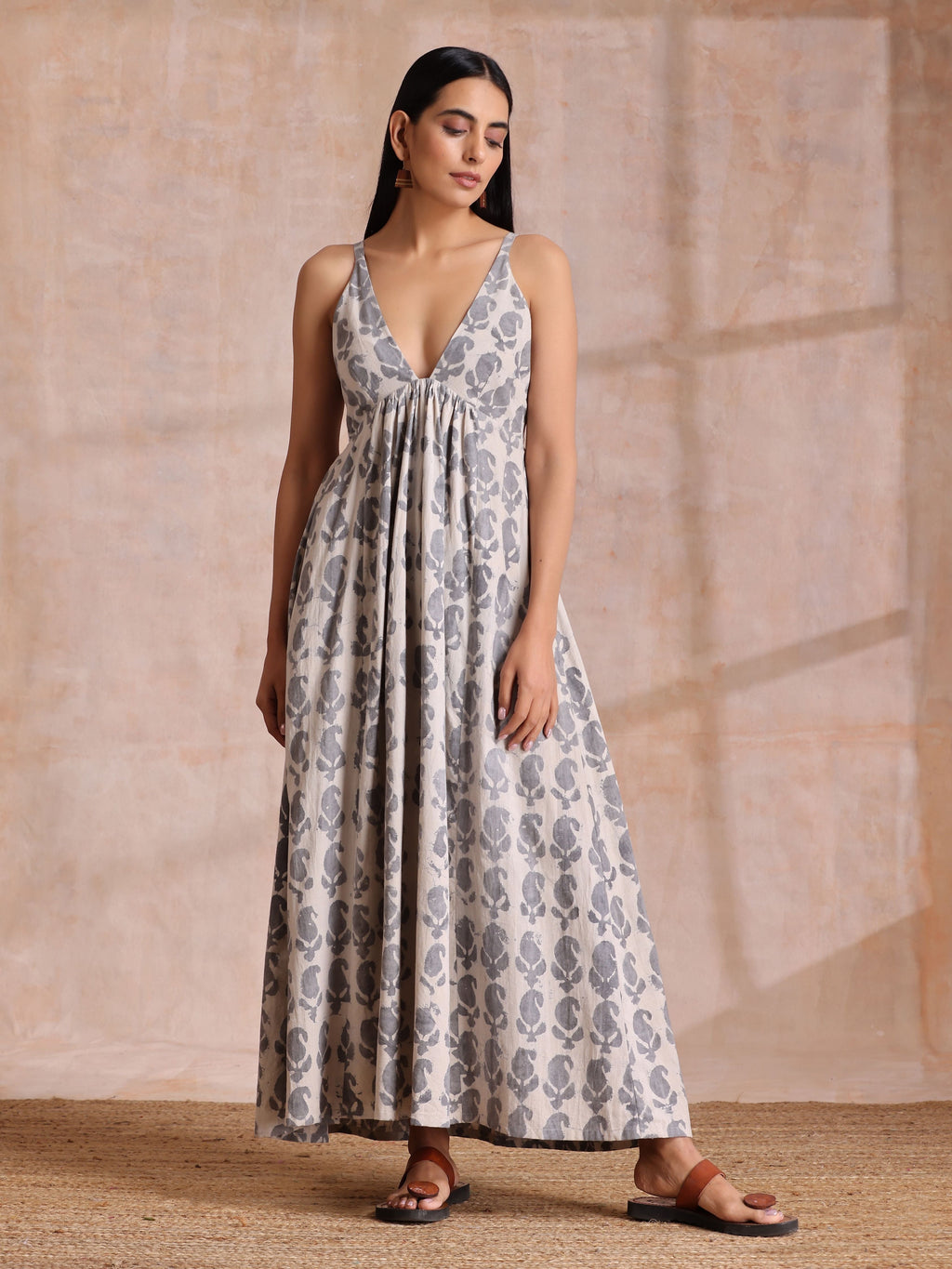trueBrowns Grey Dabu Buta Print Cotton Sleeveless Dress | Grocsy