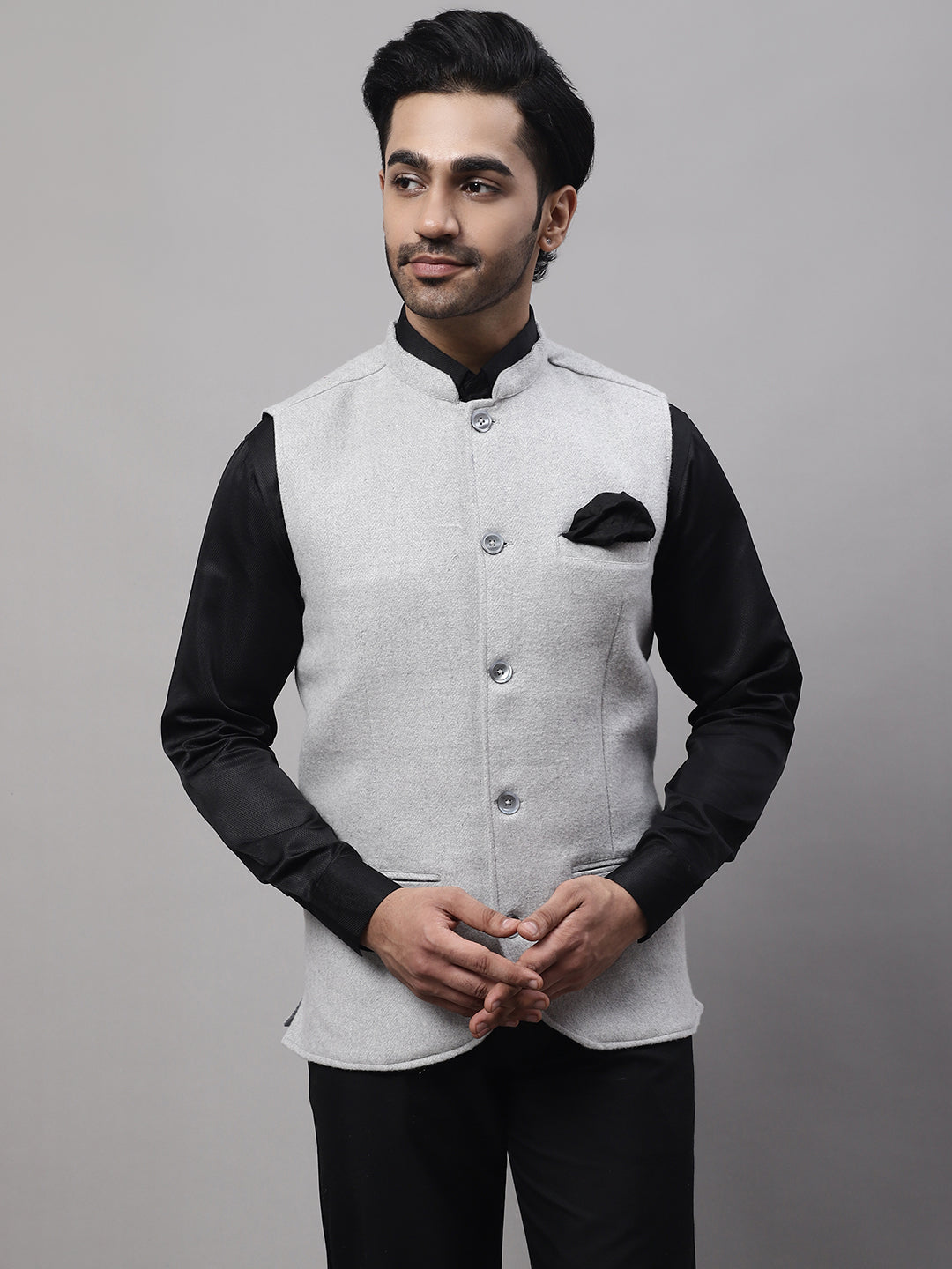 Even Apparels Men's Grey Pure Wool Nehru Jacket | Grocsy