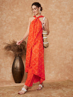 InWeave Women's Orange S Print Twisted Neckline Kurta Pant Set | Grocsy