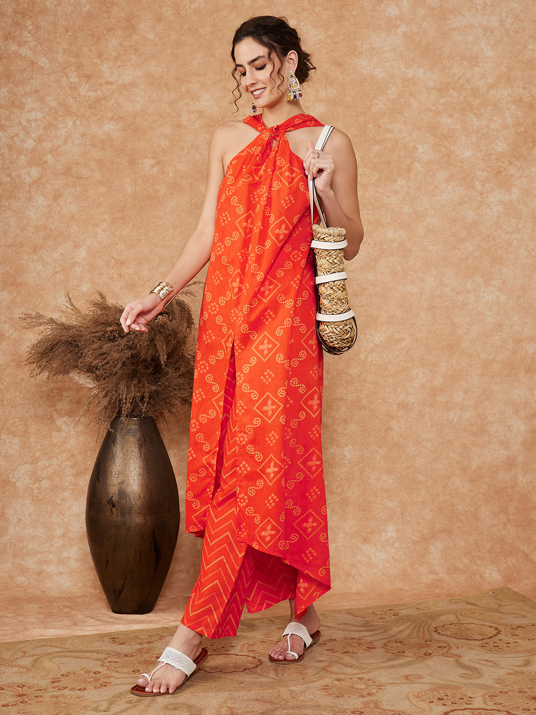 InWeave Women's Orange S Print Twisted Neckline Kurta Pant Set | Grocsy