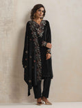 trueBrowns Black Velvet Floral Embroidered Kurta Pant Dupatta Set | Grocsy
