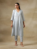 trueBrowns Grey Bandhani Printed Silk Yoke Kurta Pant Set | Grocsy