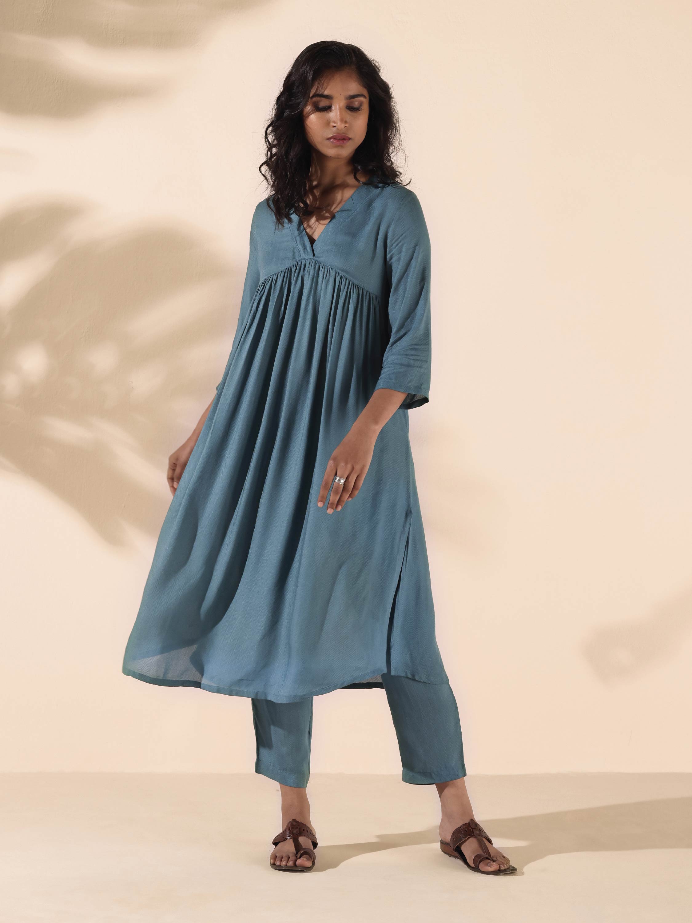 trueBrowns Turquoise Viscose Dobby Flared Kurta Pant Set | Grocsy
